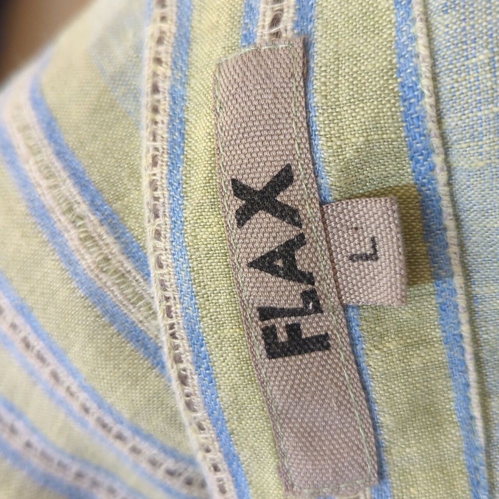 Flax Linen V Neck Striped Green Blue Dress L - Picture 14 of 14